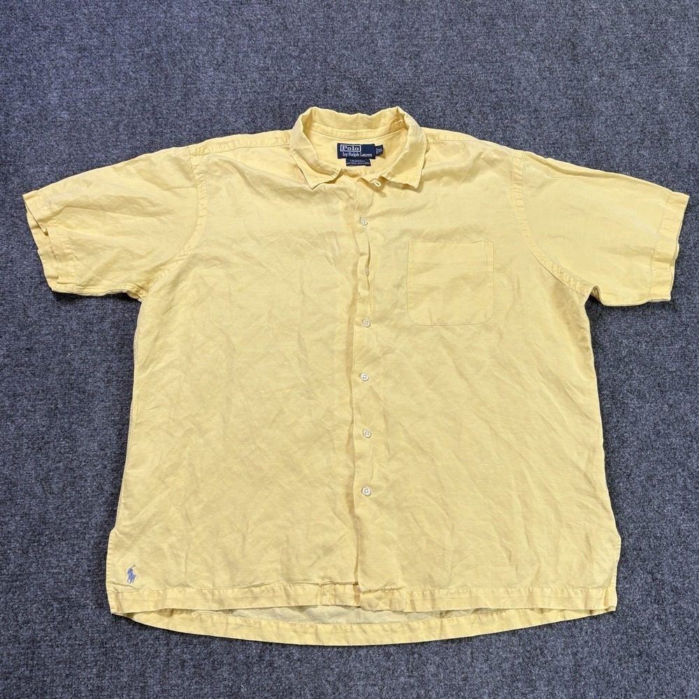 Polo Ralph Lauren Caldwell Shirt Men's XL Yellow Silk Linen Loop Collar Button
